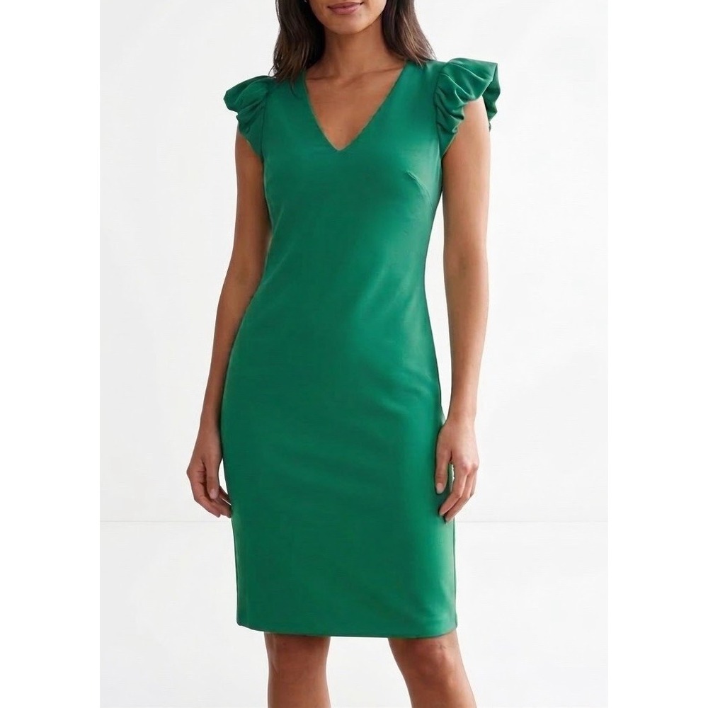 Calvin Klein V-Neck Cap Sleeve Sheath Dress Green Women Size 8